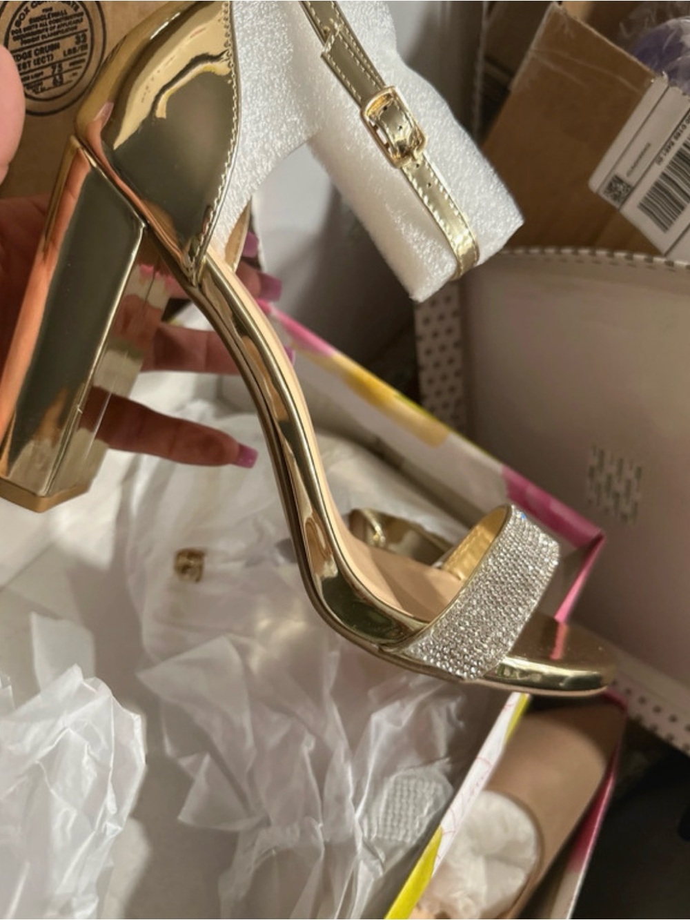 Gold Glitter Block Heel Sandals with Ankle Strap - Women